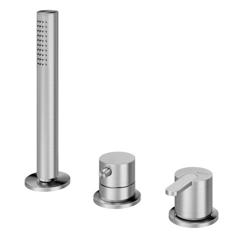 Deck-mounted single lever shower mixer, with handshower set