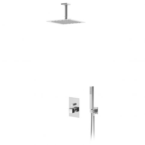 Bruma Escudo Suihkusetti ruostumattomasta teräksestä valmistetulla yläsuihkulla 250x250 mm, kattoasennusvarrella 100 mm ja käsisuihkusetillä, Aamusumu