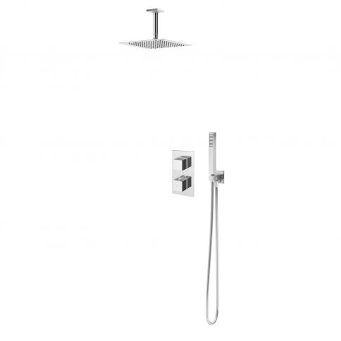 Bruma Escudo Suihkusetti ruostumattomasta teräksestä valmistetulla yläsuihkulla 250x250 mm, kattoasennusvarrella 100 mm, käsisuihkusetillä ja termostaattihanalla Celsius, Aamusumu